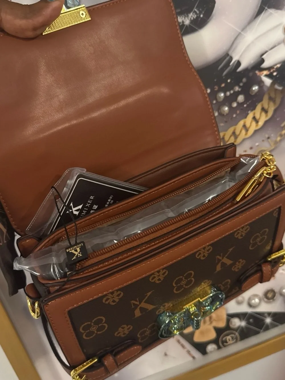 Brown Designer-Style Crossbody Bag with Gold Hardware